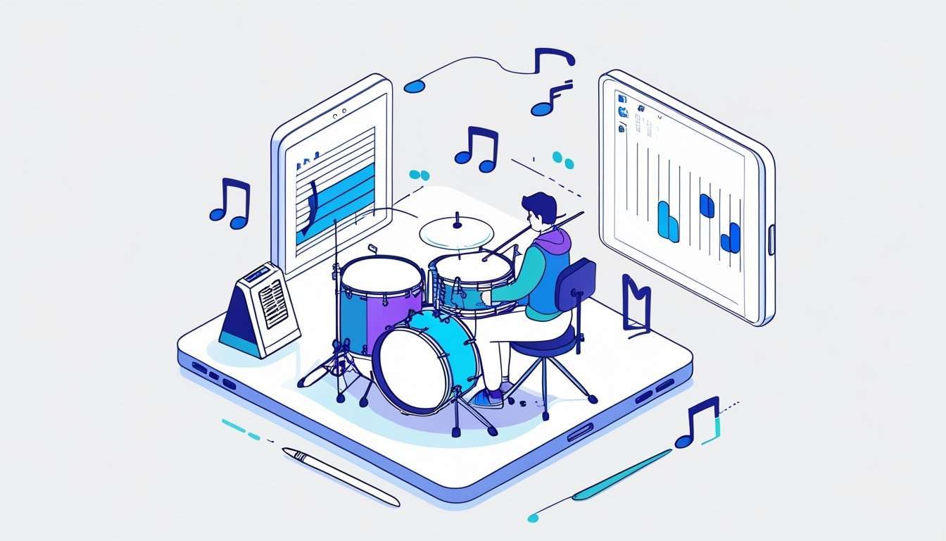 How To Play In Time To A Click Track 1 A musician playing drums with a metronome and digital tablet nearby, surrounded by musical notes and sound wave icons.