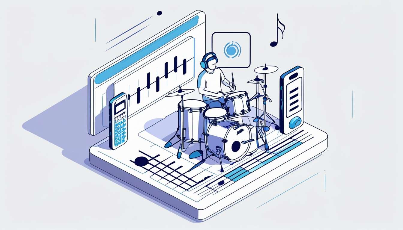 How To Play In Time To A Click Track 3 A person playing a digital drum kit wearing headphones with a metronome device nearby, surrounded by musical notes and rhythm waveforms.