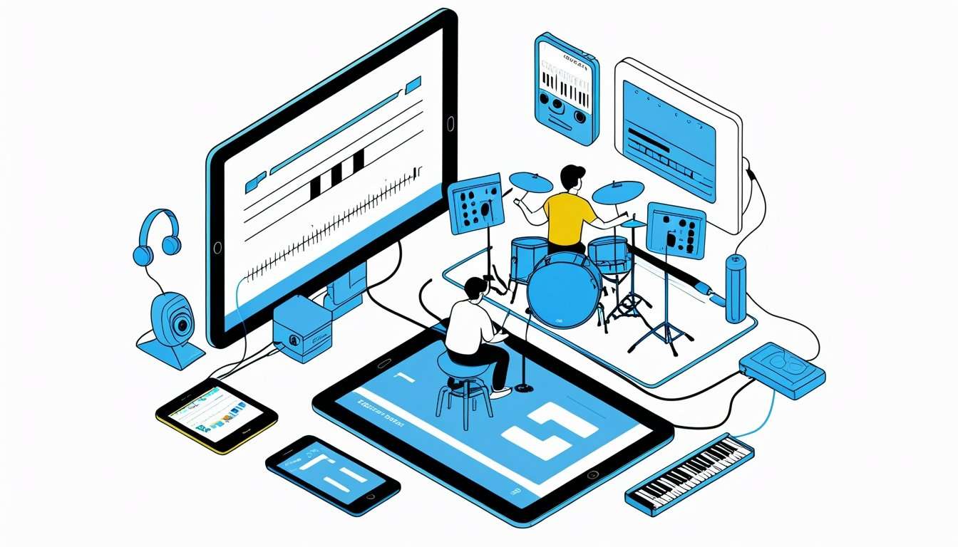 How To Play In Time To A Click Track 5 A person playing drums while following a click track on a tablet, surrounded by a metronome, headphones, and audio equipment in a practice setting.