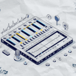 Isometric technical illustration of a DAW parametric equaliser showing blue and yellow frequency faders with numerical markers, frequency spectrum waveform display, and surrounding icons of professional recording equipment including vintage microphone, studio monitors, headphones, control knobs and buttons on textured background with navy paint splatter accents