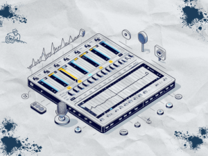 Isometric technical illustration of a DAW parametric equaliser showing blue and yellow frequency faders with numerical markers, frequency spectrum waveform display, and surrounding icons of professional recording equipment including vintage microphone, studio monitors, headphones, control knobs and buttons on textured background with navy paint splatter accents