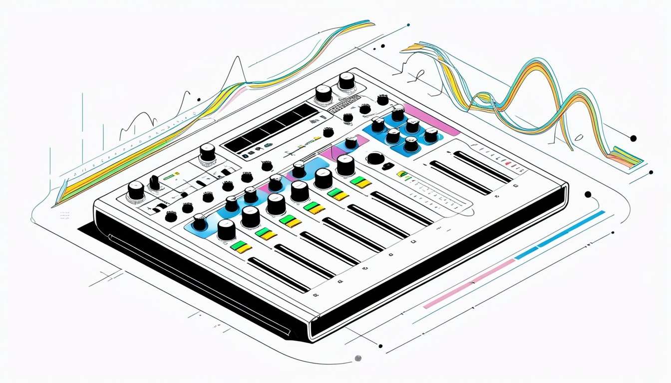 Isometric view of an audio mixing console with multicoloured frequency waveforms flowing above the faders and eq controls
