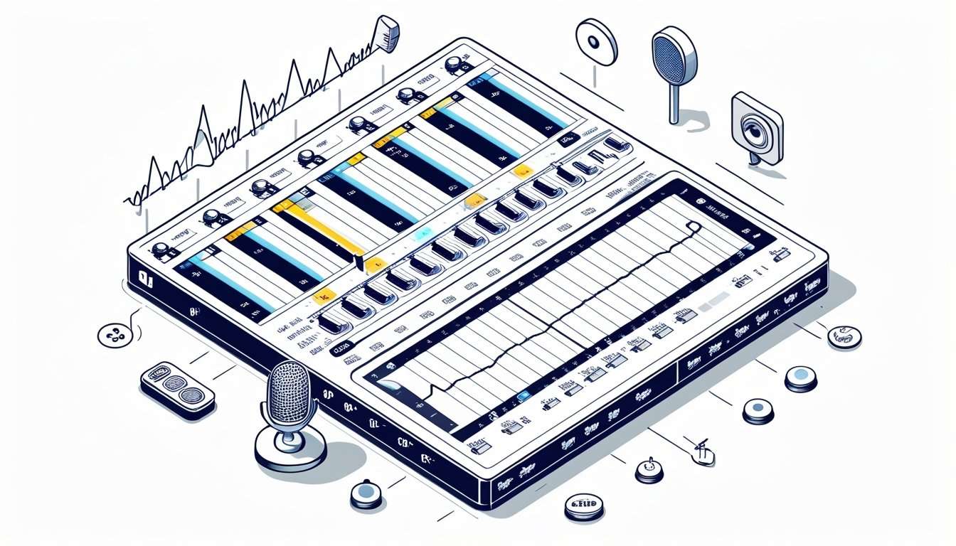 Isometric view of a digital audio workstation interface displaying parametric eq bands with frequency markers, surrounded by recording equipment including a vintage microphone and studio monitors